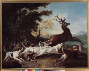 狩猟の様子"Debuche du deer" フランソワ・デスポータス（1661-1743）の絵画 1718年 日。1,1x1,45 m ルーアン、ボザール美術館（Musee des Beaux Arts 作： Alexandre Francois Desportes