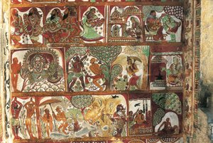 インド、タミル・ナードゥ州、チダンバラム、ナタラヤ寺院、パールヴァティのための祠のシヴァの生涯を描いたフレスコ画、5世紀