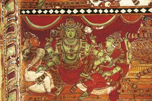 ヴィスヌ、インド、タミル・ナードゥ州チダンバラムのナタラヤ寺院のパールヴァティのための祠のシヴァの生涯を描いたフレスコ画の細部、5世紀 作： Nicolas Toussaint Charlet