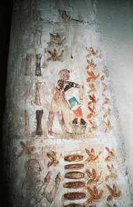 養蜂の様子を描いた壁画（アサジフ、パバサの墓より、ハイパエトラル・コートの柱に描かれている）（写真 作： Nicolas Toussaint Charlet