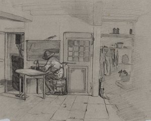 テーブルに男の子がいる農家のインテリアc。 1846年。 作： Alexandre Gabriel Decamps