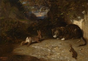 猫、イタチ、ウサギ、1836 作： Alexandre Gabriel Decamps