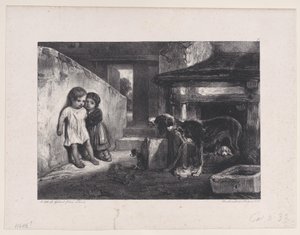 吠える犬に怯える子供たち、シリーズ「狩猟の場面」より、1829年。 作： Alexandre Gabriel Decamps
