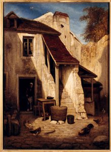 フォンテーヌブローの素朴な中庭のインテリア アレクサンドル・ガブリエル・デカン（1803-1860）の絵画 19世紀 日。0,78x0,56 m パリ、ルーヴル美術館。 作： Alexandre Gabriel Decamps