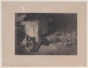 1829年のシリーズ狩猟シーンからの犬小屋の内部。 作： Alexandre Gabriel Decamps
