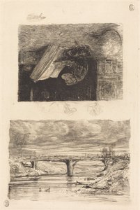 橋のある川の風景。 本をページングするサル 作： Alexandre Gabriel Decamps