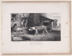 1829年の狩猟シーンシリーズの犬小屋。 作： Alexandre Gabriel Decamps