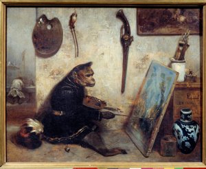 猿の絵師 絵画 アレクサンドル・ガブリエル・デカン（1803-1860） 1833年 日0,32x0,4 m .- モンキー・ペインターアレクサンドル・ガブリエル・デカン（1803-1860）の絵画
