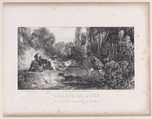ウルフハント：犬に襲われた傷ついた動物、シリーズ狩猟シーン、1829年。 作： Alexandre Gabriel Decamps
