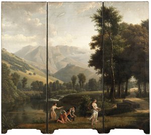 乙女が川の土手で花を集めているアルカディアンの風景、1801年を越える丘の上の城 作： Alexandre Hyacinthe Dunouy