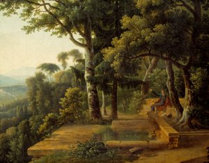 哲学者ジャン・ジャック・ルソー（1712-1778）が1770年にリヨン近郊のロシュコルドン公園で瞑想している様子 Detail.アレクサンドル・ハイカンテ・デュヌイ（1757-1841）による絵画