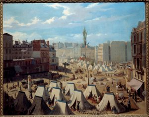 1848年6月の日中、テンプル大通りにある部隊のキャンプ。1848年の革命期のパリの風景。アレクサンドル・ジョスカン（19世紀）の作品。キャンバスに油彩。薄さ：0.64 x 0.81m。パリ、カルナヴァレ美術館-大通りの軍隊の野営地 作： Alexandre Josquin