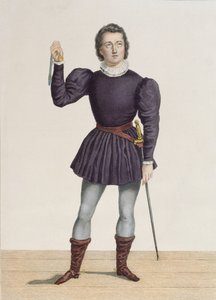 サンマルタン劇場でのウォルタースコット（1771-1832）の「La Fiancee de Lammermoor」のEdgardとしてのFrederick Lemaitre（1800-76）（カラー彫刻） 作： Alexandre Lacauchie