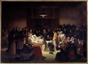 パリ・オペラ座でのベリー公爵（1778-1820）の最期の瞬間、ルイ18世と王室の人々に囲まれて。アレクサンドル・メンジョー（1773 - 1832）による絵画 作： Alexandre Menjaud