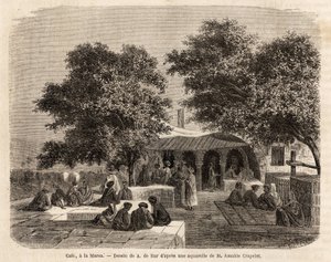 ラ・マルサ（チュニス）のカフェの風景。A.de Barが描いたもので、1859年にAmable Crapeletが行ったチュニスへの旅行を説明するためのもの。エドゥアール・シャルトン編『Le tour du monde』に掲載された図版 作： Alexandre de (after) Bar