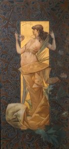 日の出に翼のある天女がいる構図 作： Alexandre de Riquer