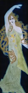 Esmalte modernista（エスマルテ・モダニスタ）。女性の姿が描かれています。 作： Alexandre de Riquer