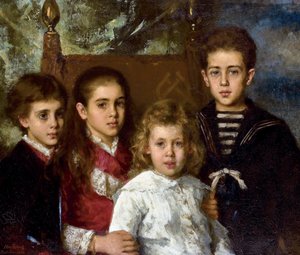 第2代サン・ドナート公ポール・パブロヴィチ・デミードフ（1839-1885）の子供たちの肖像、オーロラ・アナトール、マリア、パヴェル - Peinture de Alexei Alexeyevich Harlamov (1840-1922) - 1883 - 油彩・キャンバス - 76,5x90 - 個人蔵 作： Alexei Alexevich Harlamoff