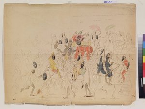 パンジャブ（インド）のマハラジャ・シェール・シン（1807-1843）と英国大使クラーク（?）の会談。