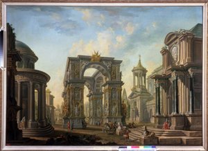 建築ファンタジー。 Alexei Ivanovich Belsky (1730-1796) による絵画。 キャンバスに油彩 作： Alexei Ivanovich Belsky