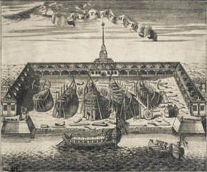 サンクトペテルブルクのアドミラルティ造船所の眺め、1717 年 作： Alexei Ivanovich Rostovtsev