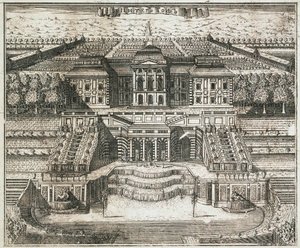 ペテルゴフの大宮殿の眺め、1717 年。
