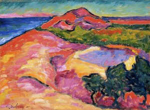 「赤い丘のある海岸の情景」、1911 年 作： Alexej von Jawlensky