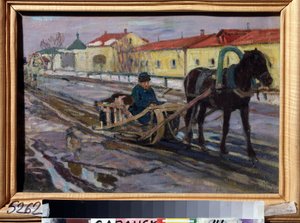 馬そり (Sleigh Ride)。 冬のロシアの村の通りで、男がチームを運転します。 Alexei Mikhaylovich Korin (Korine) (1865-1923) による絵画、キャンバスに油彩 作： Alexei Mikhailovich Korin