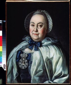 待機中の女性の肖像、マリア・A・ルミャンツェヴァ伯爵夫人 (1698-1788) (待機中の女性、マリア・A・ルミャンツェヴァ伯爵夫人の肖像)。 Alexei Petrovich Antropov (1698-1788) による絵画。 キャンバスに油彩 62.5 x 48 cm