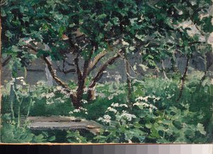 庭の一角 - Alexei Stepanovich Stepanov (1858-1923) の作品、ボール紙に油彩 作： Alexei Steipanovitch Stepanov