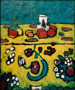 カラフルなブランケットのある静物画 作： Alexej von Jawlensky