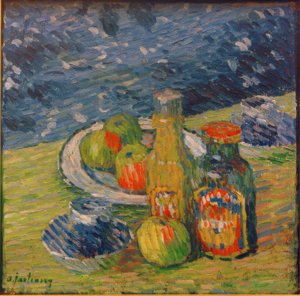 ボトル、フルーツボウル、カップのある静物画 作： Alexej von Jawlensky