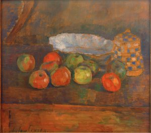 りんごとボウルとポットのある静物 作： Alexej von Jawlensky