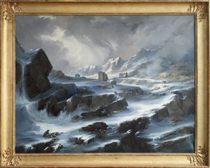 雪の峠を描いたロマンティックなシーンであるコル デュ グラン サン ベルナールは、イタリアのヴァッレ ダオスタとスイスのヴァル デントルモンの間のアルプスに位置し、そのホスピスとセント ベルナール犬が危険にさらされている旅行者を救出しています。 . 油