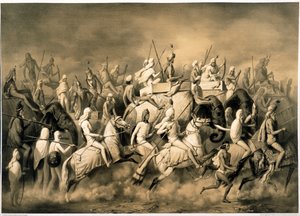 パンジャブのマハラジャ・シェール・シンと狩猟に出かける彼の側近、「Travels In India During The Years」のイラスト 作： Alexis Prince Soltykoff