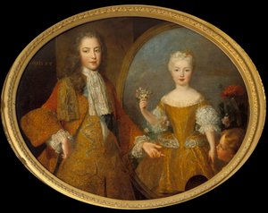 ルイ15世（1710-1774）に婚約者（ルイ15世とスペインのインファンテであるマリー・アン・ヴィクトワール）の肖像画を贈るラムール（右下）。絵画の中の絵画のアビメ（abime）。アレクシス・シモン・ベル（1674-1734）の絵画 18世紀 日。0,99x1,24 m 作： Alexis Simon Belle