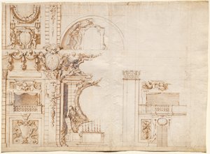 1637年、神聖ローマ皇帝フェルディナント2世を偲んでフィレンツェのサン・ロレンツォで行われた「エッセキー」のための習作 作： Alfonso Parigi
