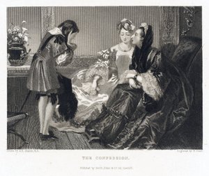 同じタイトルの物語に関連した告白で、大きな黒いドレスを着た女性が、少年の告白を聞こうと身を乗り出し、両手で顔を覆っている。 作： Alfred Edward (after) Chalon