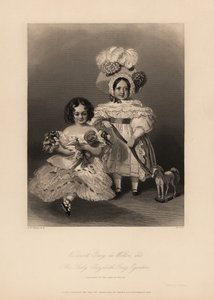 ウィルトン子爵（Viscount Grey de Wilton）とエリザベス・グレイ・エガートン（Elizabeth Grey Egerton）は、ウィルトン第2伯爵トーマス・エガートンの子供です。リングルエットとフリルのドレスを着た娘は人形を抱き、ドレスと羽毛のボンネットを着た息子はおもちゃの馬に結んだリボンを持っている。ヘンリーによるスティール・エングレーヴィング 作： Alfred Edward (after) Chalon