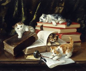 机の上で遊ぶ子猫 作： Alfred Brunel de Neuville