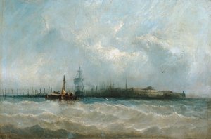バッテリーとキャッスル ガーデンを示す港から見たニューヨーク、1858 年。