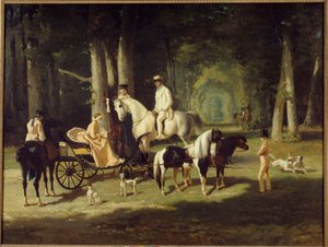 A.モッセルマン夫妻と二人の娘 馬に乗って森を歩く。アルフレッド・ド・ドリュー（1810-1860）の絵画 1848年 日2x2,65 m パリ、プティット・パレの美術館 作： Alfred Dedreux