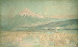 聖なる山の夜明け、1889年に雲に隠された富士の太陽
