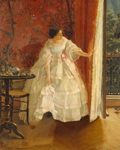1859年頃、鳥に餌をやる窓辺の女性