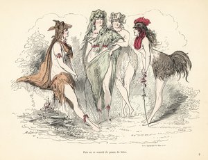 動物の皮、頭、羽の衣装を着た女性。