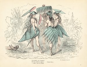 イチジクの葉のドレスと帽子だけを身にまとい、葉のパを持っている女性