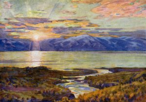 アビスコからのトーネ湖トラスクの真夜中の太陽 作： Alfred Heaton Cooper