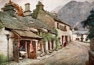 1920年頃のオリジナルの水彩画の版画のポートフォリオから、コニストンビレッジのオールドブッチャーショップ 作： Alfred Heaton Cooper