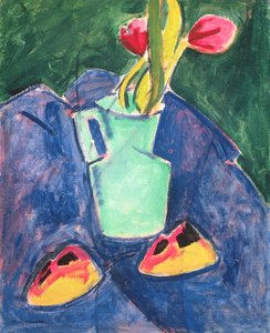 紫色の布に緑色の花瓶の花 作： Alfred Henry Maurer