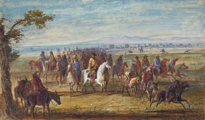 キャラバン：白馬に乗ったウィリアム・スチュワート卿、1837年頃（紙に油彩） 作： Alfred Jacob Miller